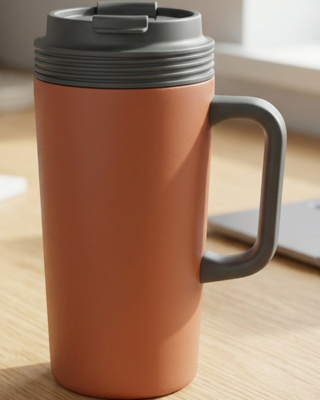 Jndvg Handled Flip-Sip Double-Wall Travel Mug 18 oz Terracotta Charcoal - Lifestyle view